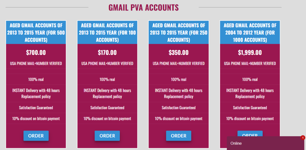 This is the screenshot of buy Gmail PVA Accounts website for the browsing Products.